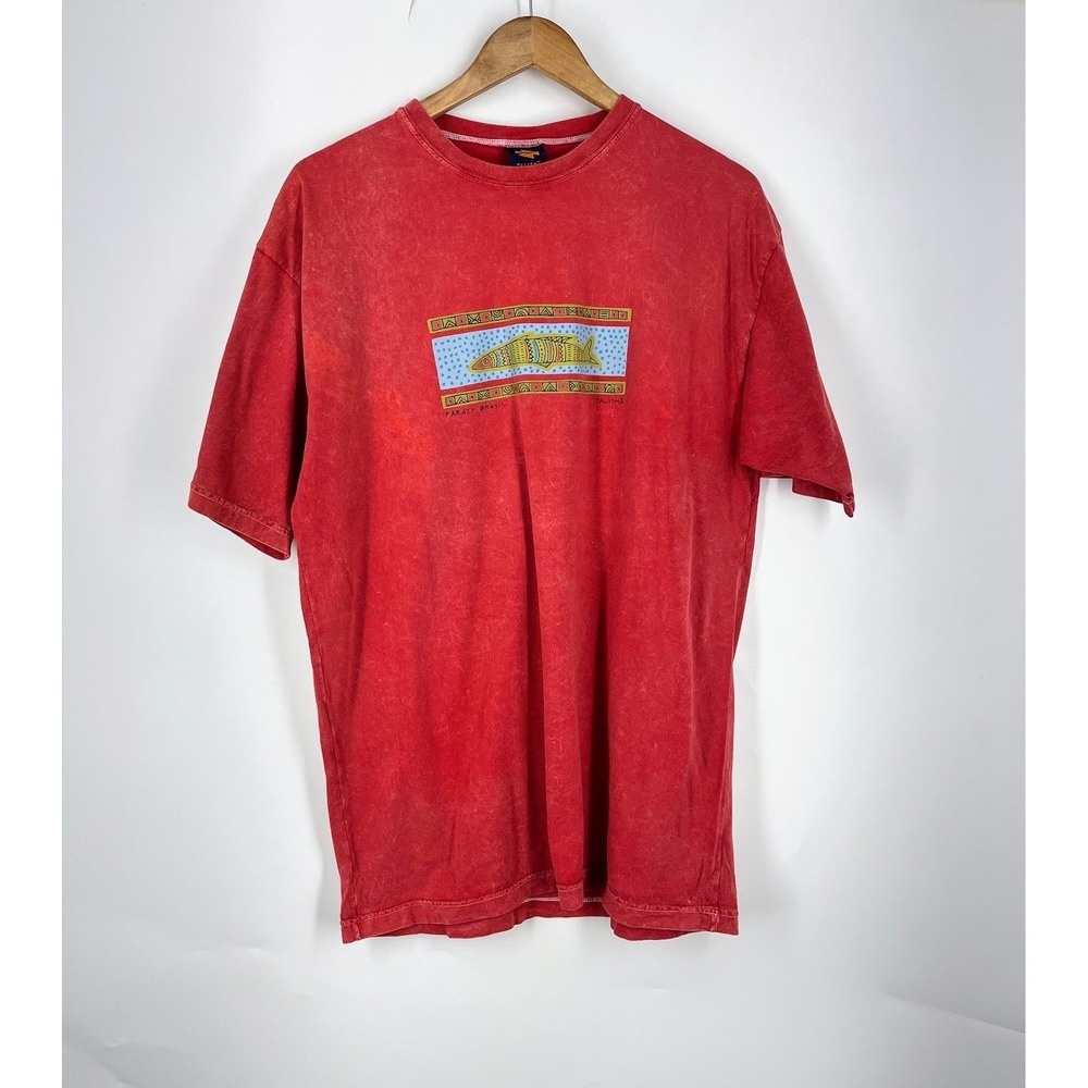 Talisma Paraty Brasil Tribal Fish Graphic Tee Mens Red Mineral Wash Cotton Shirt